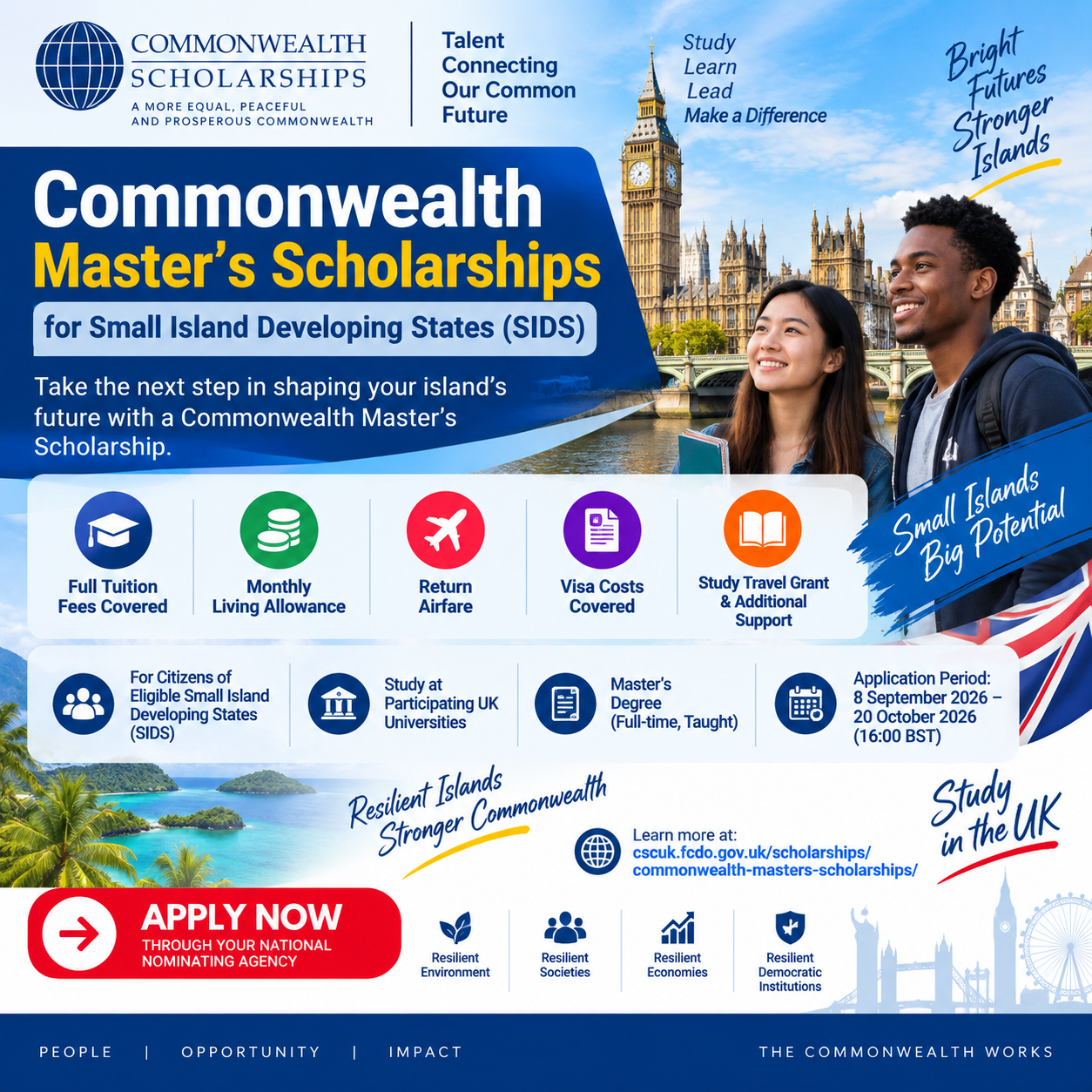 Commonwealth Master’s Scholarships for Small Island Developing States 2027/28