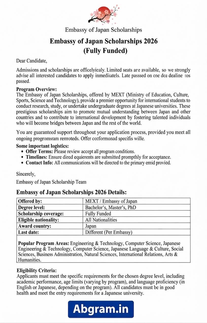 Japanese Government (MEXT) Scholarship 2027 – Embassy Recommendation
