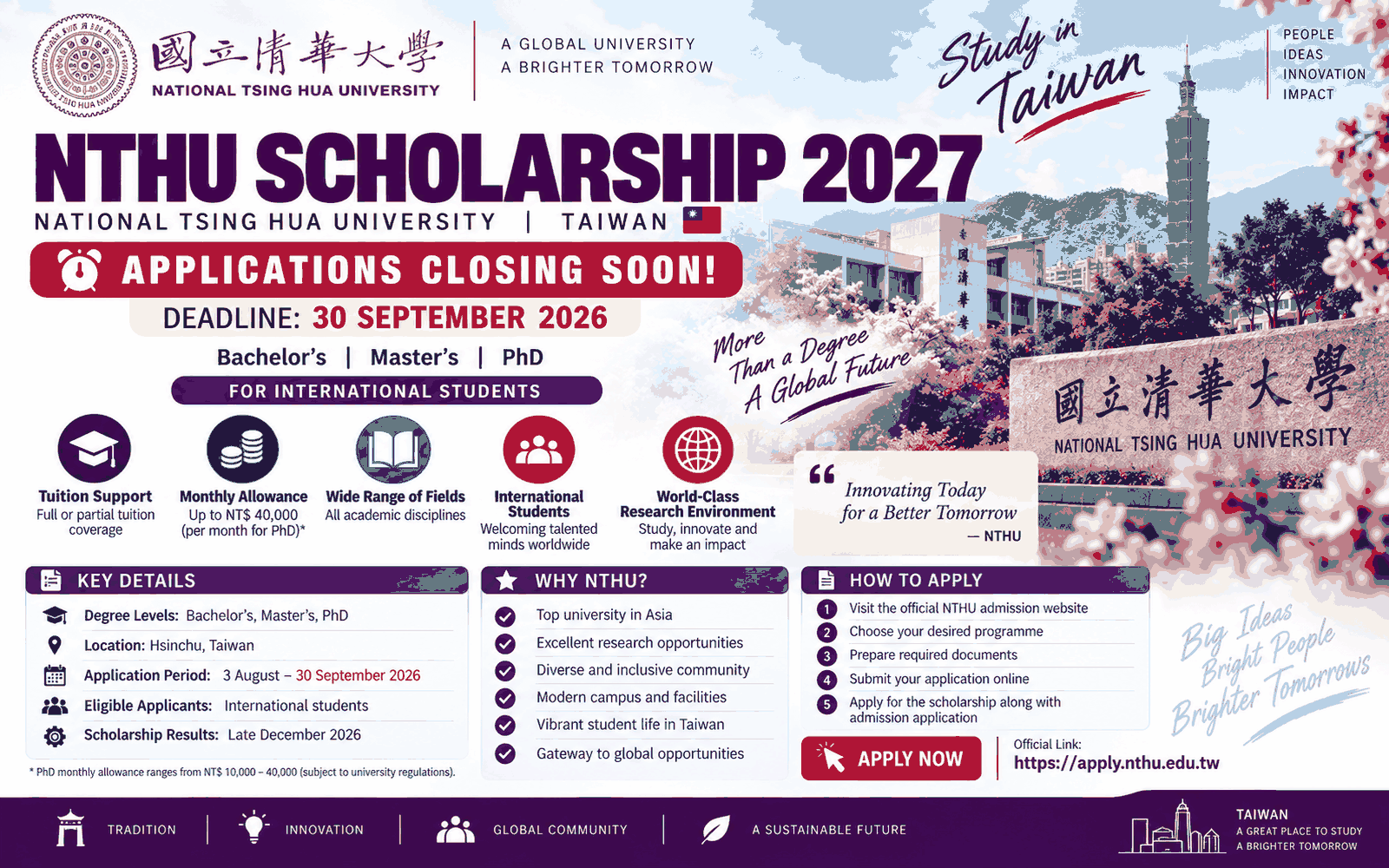 National Tsing Hua University (NTHU) International Student Scholarship – Spring 2027