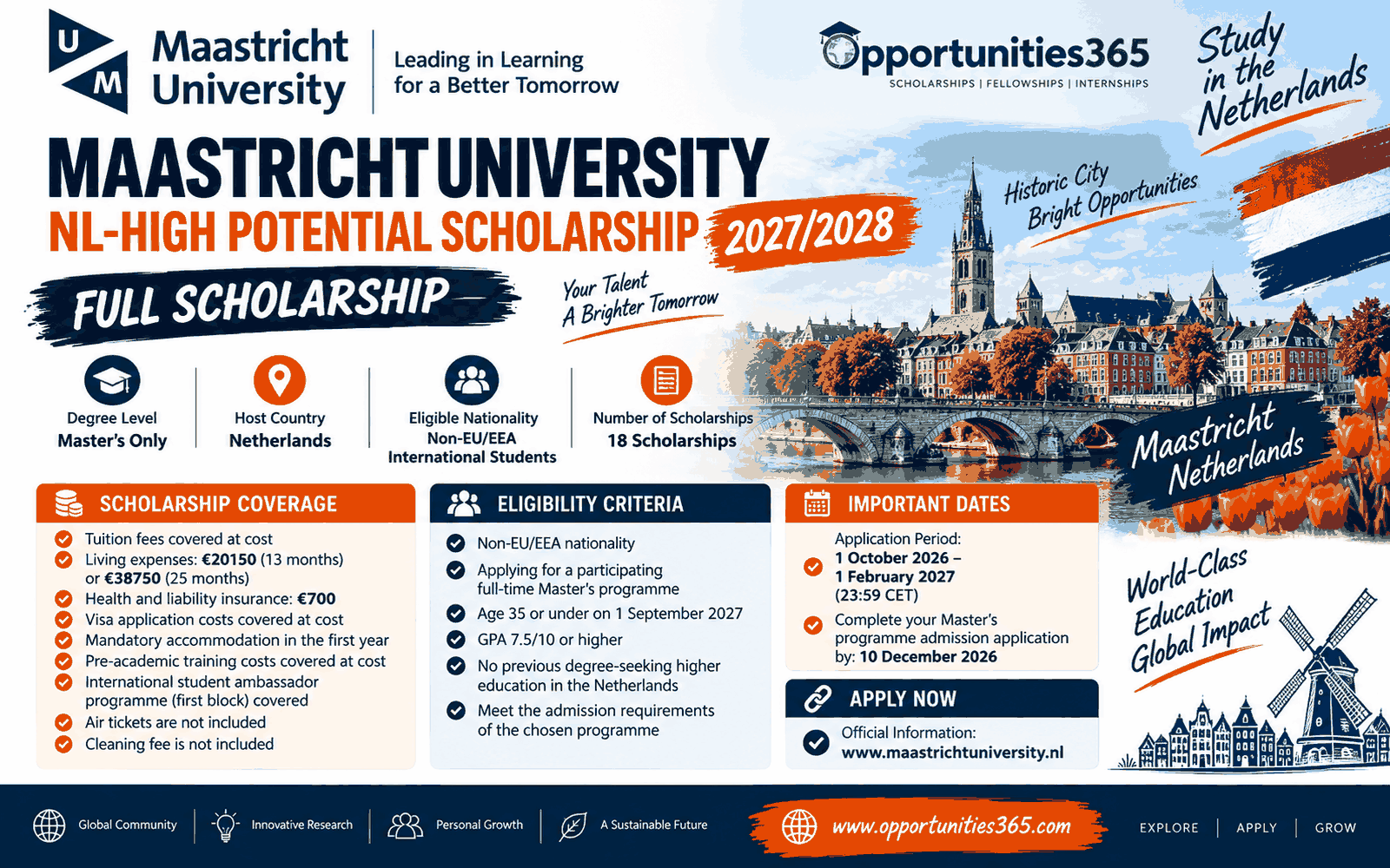 UM NL-High Potential Scholarship 2027/28 in Netherlands – Fully Funded Master’s