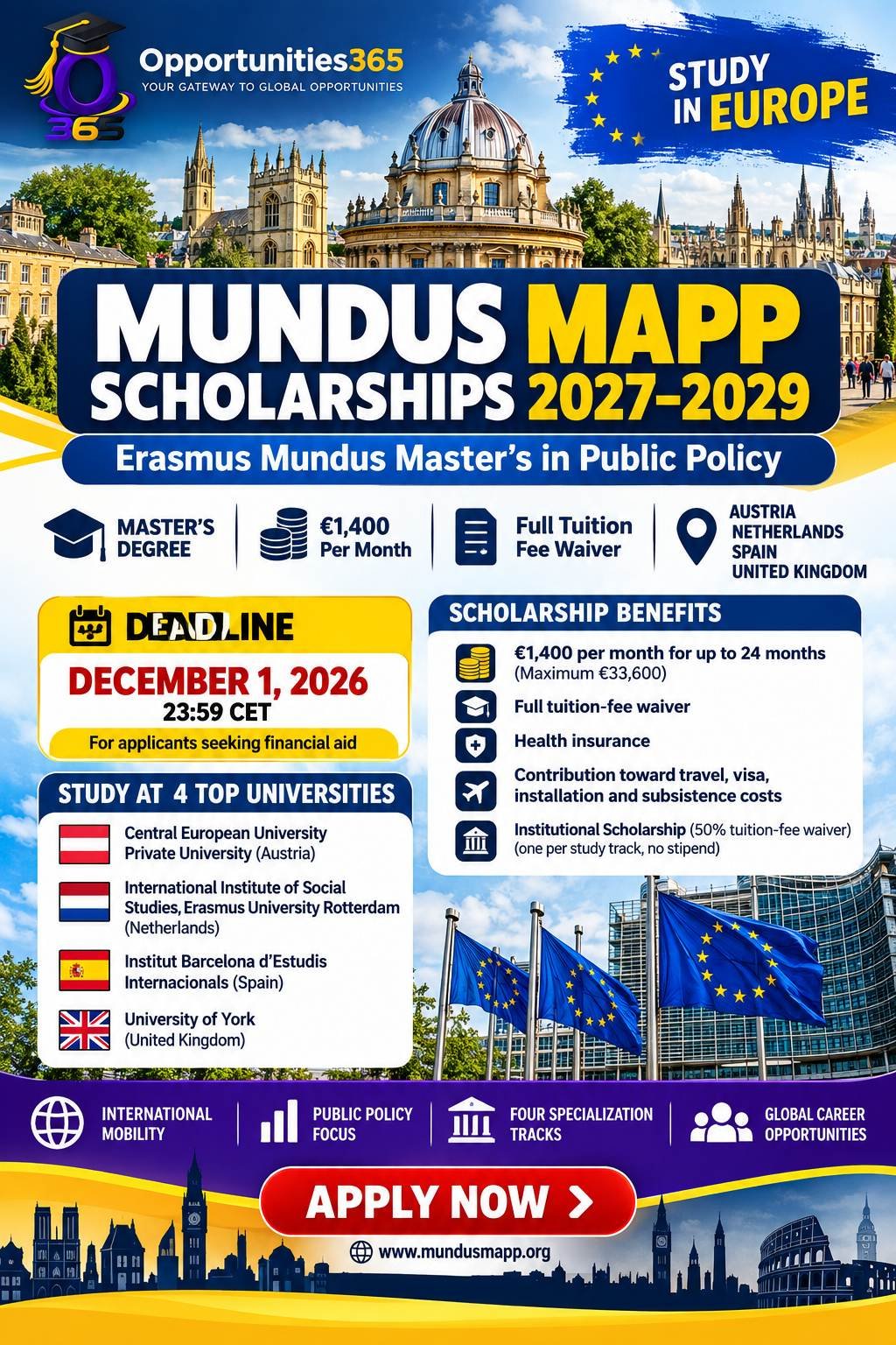 Mundus MAPP Scholarships 2027–2029 – Erasmus Mundus Master’s in Public Policy in Europe