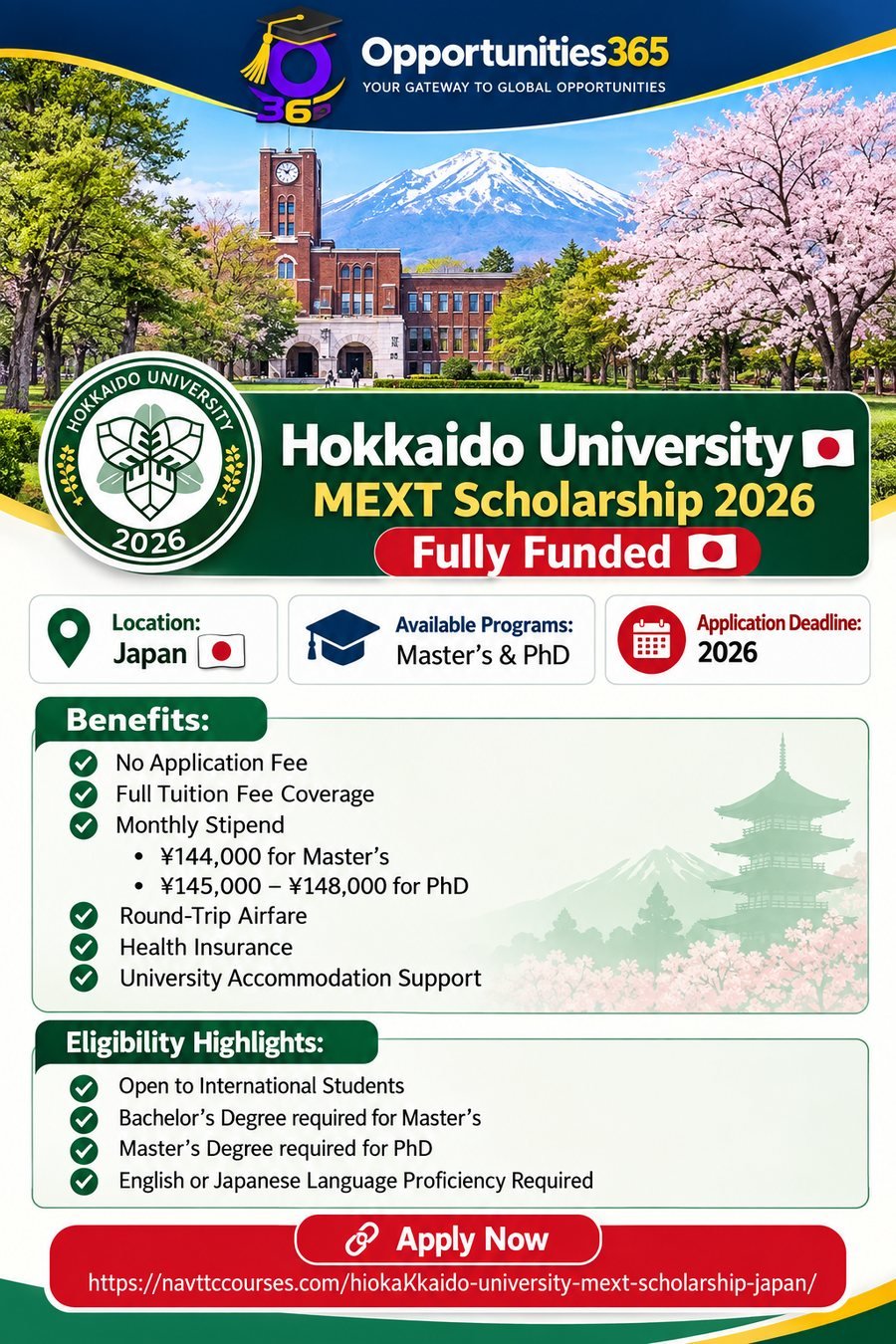 Hokkaido University MEXT Scholarship 2027 – Fully Funded Master’s & PhD in Japan