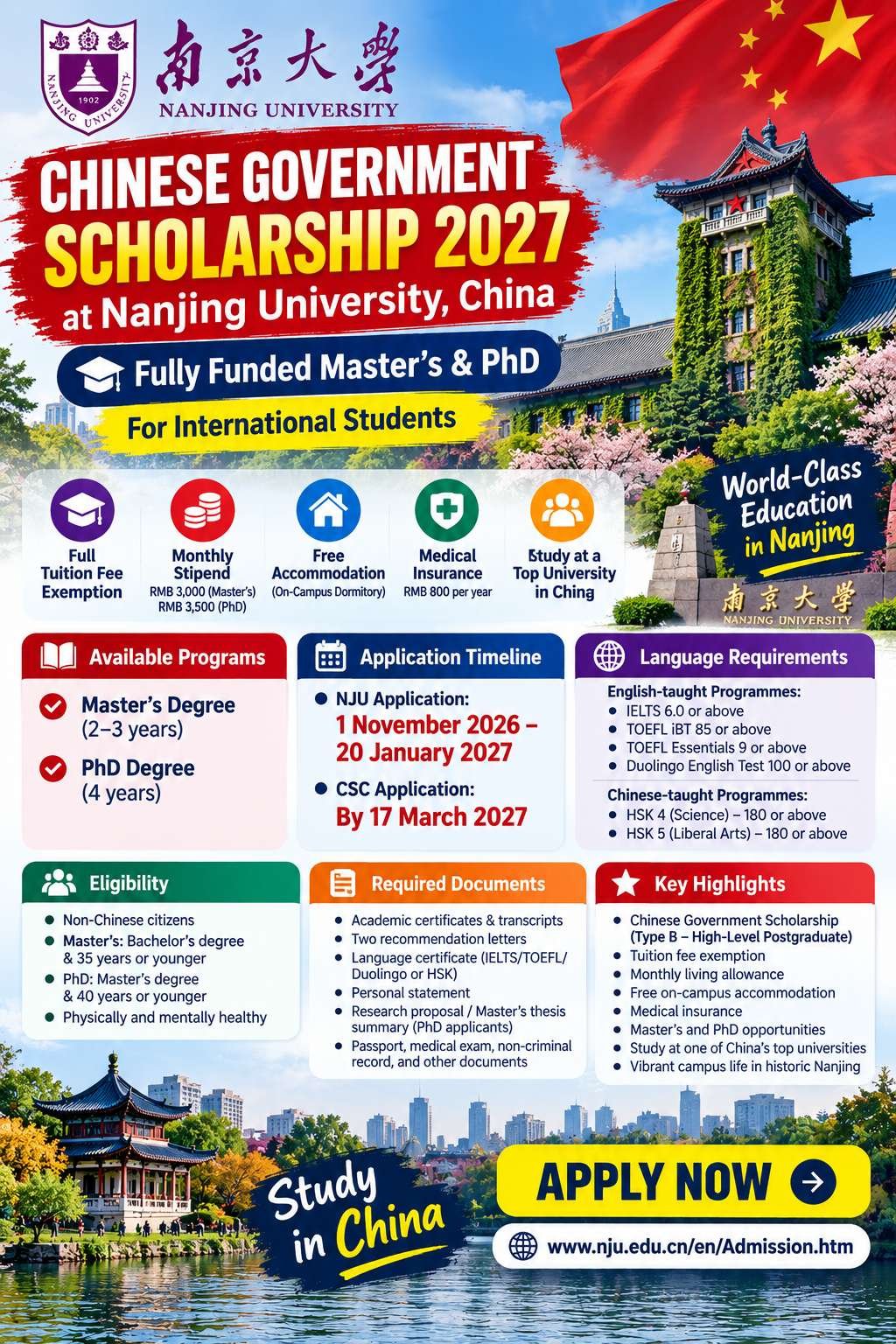Nanjing University Chinese Government Scholarship – Fully Funded Master’s & PhD in China