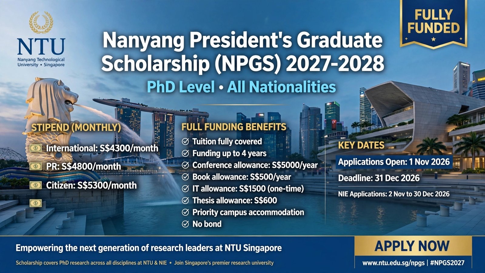 Nanyang President’s Graduate Scholarship (Fully Funded PhD) in Singapore